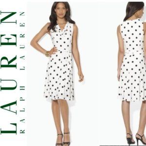 LAUREN RALPH LAUREN COWL NECK POKADOT WHITE DRESS WITHBELT (SIZE 12)